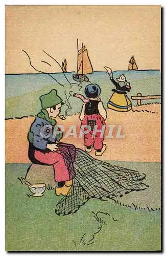 Cartes postales Fantaisie Enfants Hollande Bateaux de peche