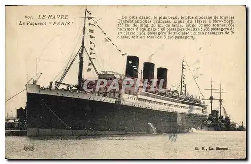 Cartes postales Bateau Paquebot Le Havre Paris