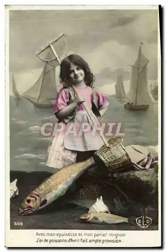 Cartes postales Fantaisie Paques Poisson Enfant Peche Bateau