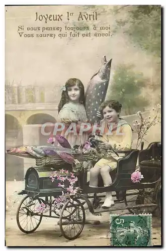 Cartes postales Fantaisie Paques Poisson Enfants Automobile