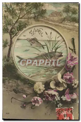 Cartes postales Fantaisie Paques Poisson Fleurs