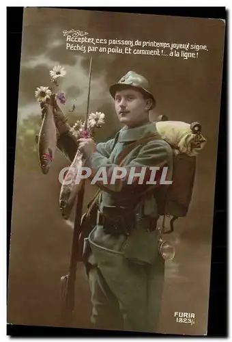 Cartes postales Fantaisie Paques Poisson Soldat Militaria