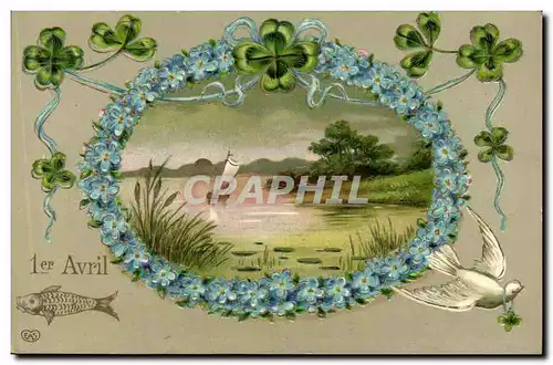 Cartes postales Fantaisie Paques Poisson Fleurs Colombe Trefles