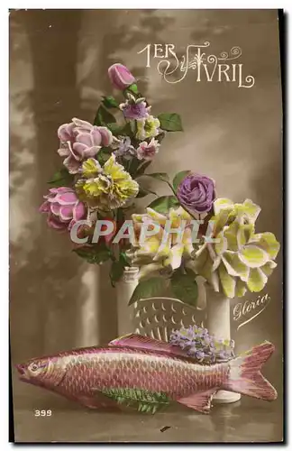 Cartes postales Fantaisie Paques Poisson Fleurs