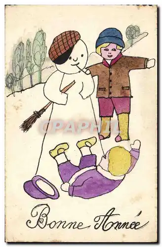 Cartes postales Fantaisie Bonhomme de neige Enfants Bonne annee