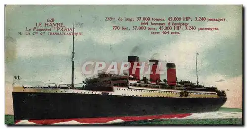 Cartes postales Bateau Paquebot Paris le Havre de la Cie Gle Transatlantique