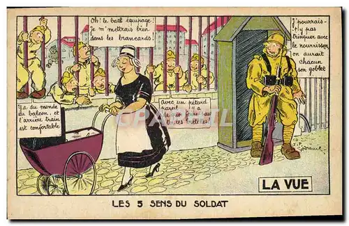 Cartes postales Fantaisie Les cinq sens du soldat La vue Poussette Militaria