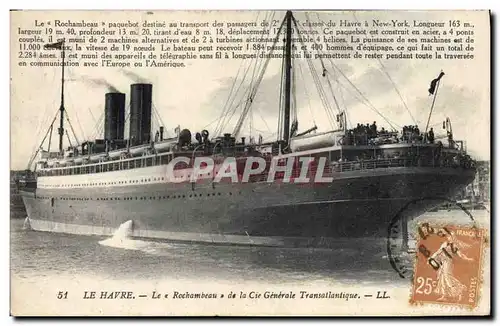 Cartes postales Bateau Paquebot Le Havre Le Rochambeau de la Compagnie Generale Transatlantique