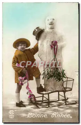 Cartes postales Fantaisie Bonhomme de neige Enfant Luge