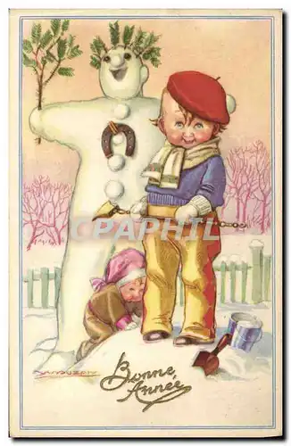 Cartes postales Fantaisie Bonhomme de neige Enfant Bonne annee