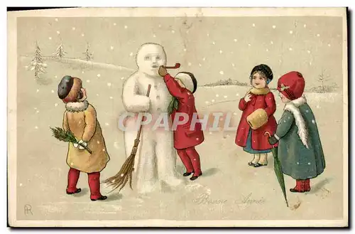 Ansichtskarte AK Fantaisie Bonhomme de neige Enfants