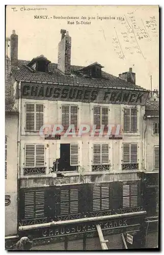 Cartes postales Nancy Bombardement Rue St Dizier Chaussures Franck Militaria