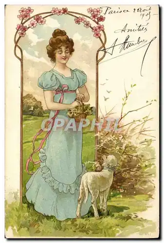 Cartes postales Fantaisie Illustrateur Femme Agneau