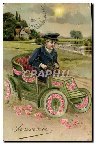 Ansichtskarte AK Fantaisie Fleurs Enfant Automobile