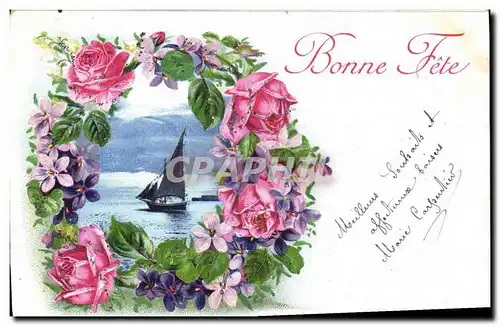 Cartes postales Fantaisie Fleurs Bateau Bonne fete