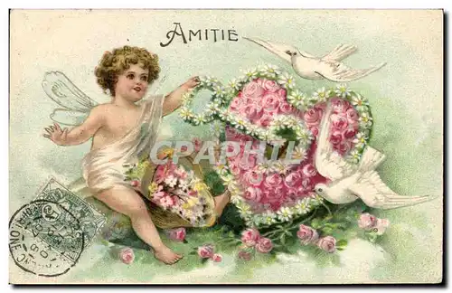 Cartes postales Fantaisie Fleurs Ange Colombes