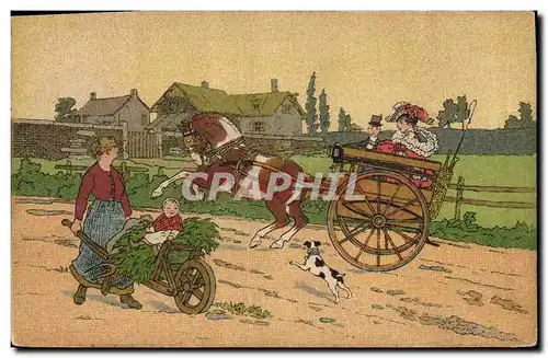 Cartes postales Fantaisie Illustrateur Caleche Cheval Chien