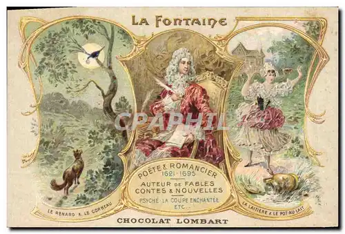 Cartes postales La Fontaine Le renard et le corbeau La laitiere et le Pot au lait Chocolat Lombart