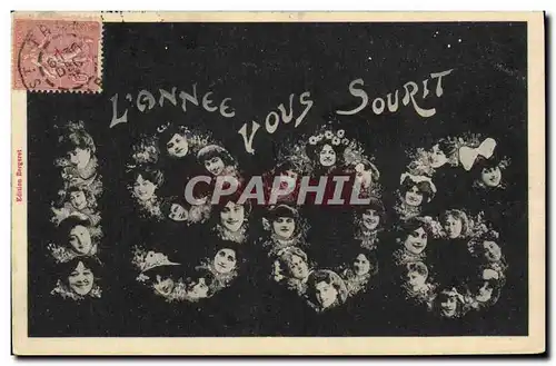 Cartes postales Fantaisie Fleurs Annee 1906 L&#39annee vous sourit Femmes