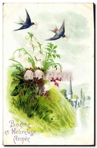 Cartes postales Fantaisie Fleurs Muguet Hirondelles