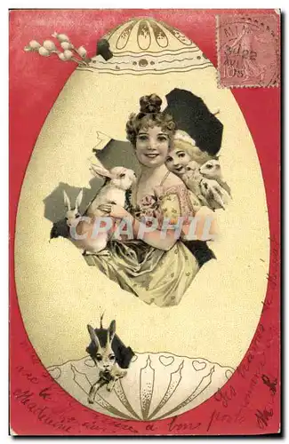 Cartes postales Fantaisie Femme Enfant Lapins oeuf