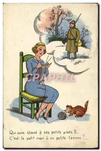 Cartes postales Fantaisie Femme Soldat Militaria Chat Chaton