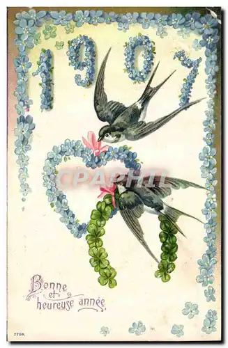 Ansichtskarte AK Fantaisie Annee 1907 Fleurs Hirondelles Fer a cheval