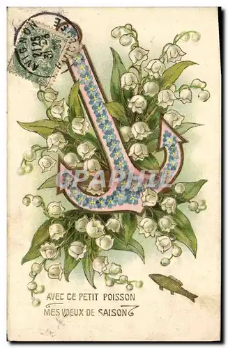 Cartes postales Fantaisie Fleurs Ancre de marine poisson Muguet