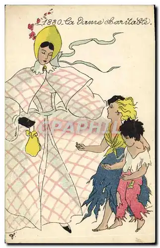 Cartes postales Fantaisie Illustrateur Mode 1830 La dame charitable Enfants Femme
