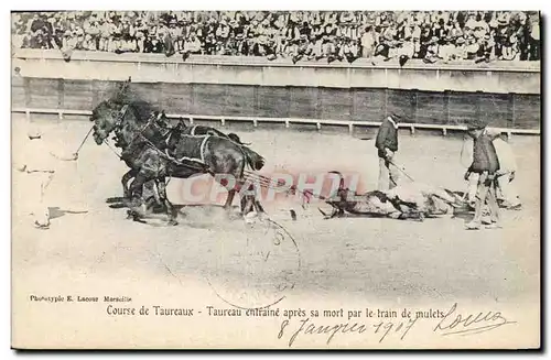 Cartes postales Corrida Course de Taureaux Taureau entraine apres sa mort par le train de mulets