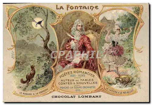 Ansichtskarte AK La Fontaine Le renard et le corbeau La laitiere et le pot au lait Poete et romancier Chocolat Lo