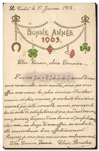 Cartes postales Fantaisie Fleurs Annee 1903 Fer a cheval Trefle (carte toilee)