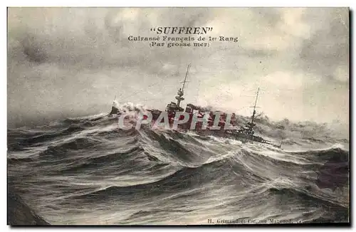 Ansichtskarte AK Bateau de Guerre Suffren Cuirasse Francais de 1er rang par grosse mer