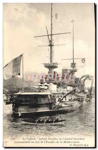 Cartes postales Bateau de Guerre Le Suffren battant pavillon de l'amiral Gourdon Commandant en chef de l'e