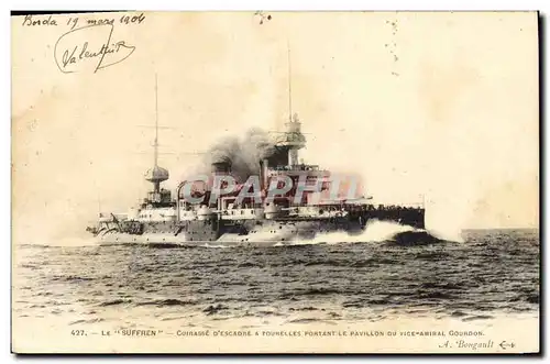 Cartes postales Bateau de Guerre Le Suffren Cuirasse d'escadre a tourelles portant le pavillon du vice amiral