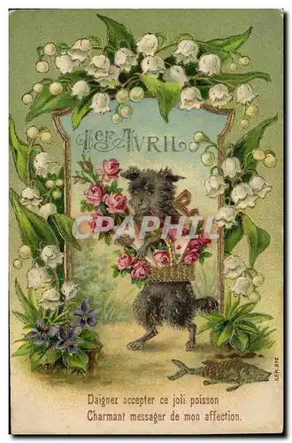 Cartes postales Fantaisie Fleurs Chien Muguet Poisson