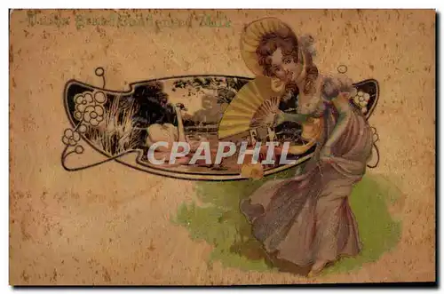 Ansichtskarte AK Fantaisie Femme Cygne (carte en bois)