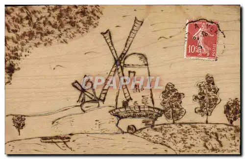 Cartes postales Fantaisie Moulin a vent (carte en bois)
