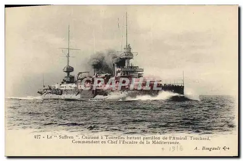 Cartes postales Bateau de Guerre Le Suffren Cuirasse a tourelles battant pavillon de l&#39amiral Touchard Comman