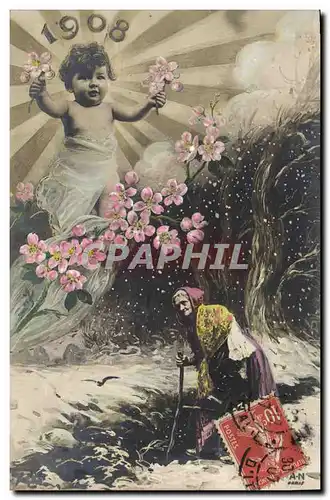 Cartes postales Fantaisie Fleurs Annee 1908 Enfant Vieille femme