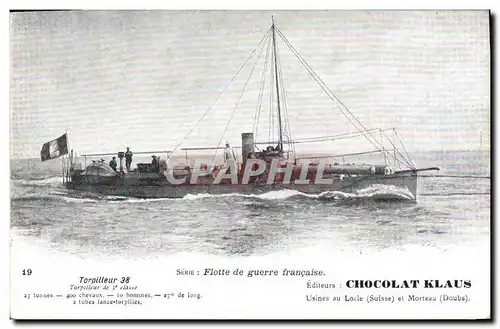 Cartes postales Bateau de Guerre Torpilleur 38 Chocolat Klaus