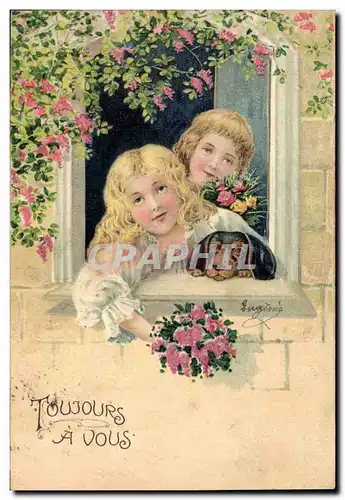 Cartes postales Fantaisie Fleurs Enfants Chien