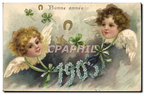 Ansichtskarte AK Fantaisie Fleurs Annee 1905 Anges Ange Fer a cheval Trefle