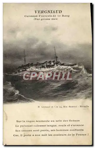 Cartes postales Bateau de Guerre Vergniaud Cuirasse Francais de 1er rang par grosse mer