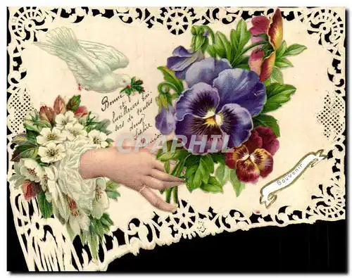 Cartes postales Fantaisie Brodee Main Fleurs Colombe