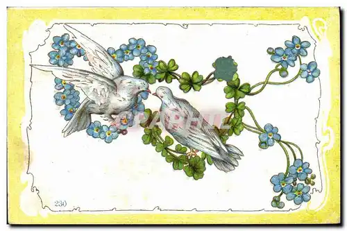 Cartes postales Fantaisie Fleurs Colombes Trefles