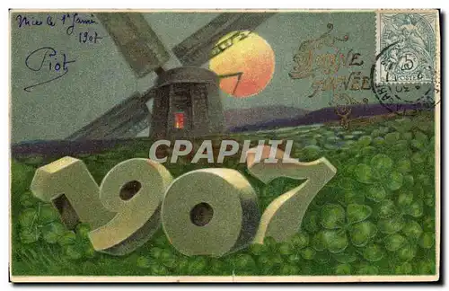 Cartes postales Fantaisie Fleurs Annee 1907 Moulin a vent Trefles