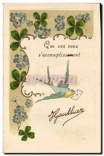 Cartes postales Fantaisie Fleurs Hirondelle Trefles