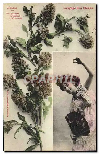 Ansichtskarte AK Fantaisie Femme Eventail Langage des fleurs