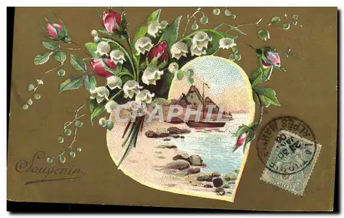 Cartes postales Fantaisie Fleurs Coeur Muguet Bateau